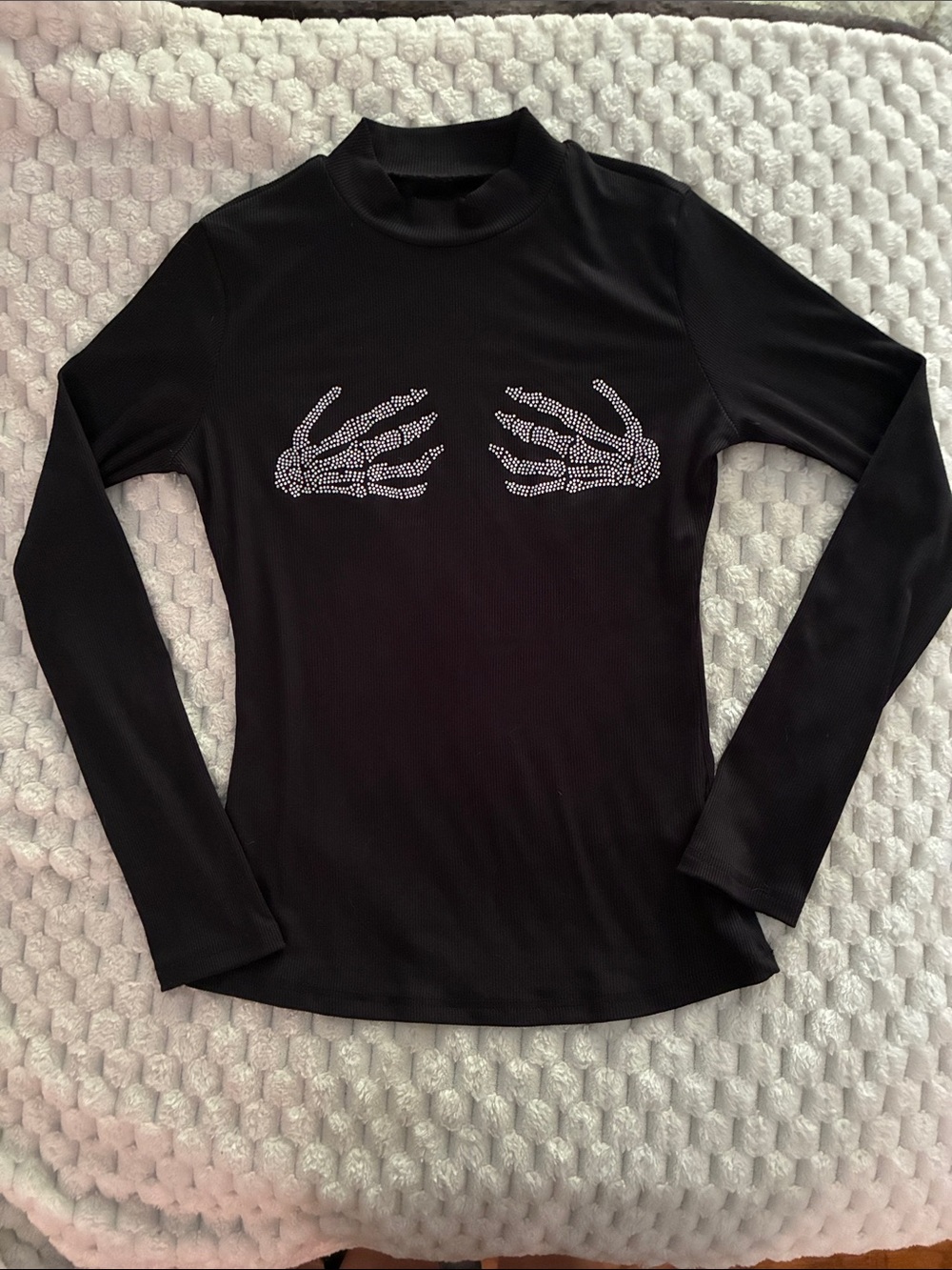 NWOT Black Long Sleeve Tee with Rhinestone Skeleton Hand Motif